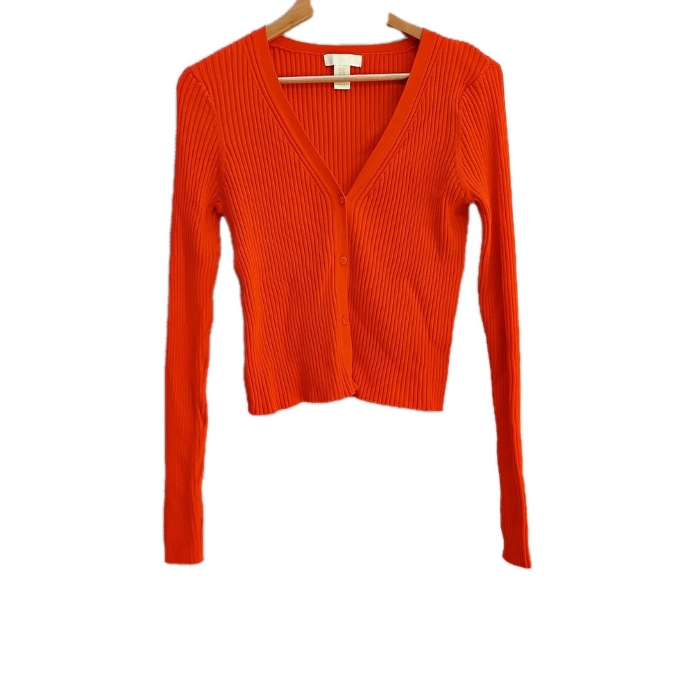 HM Knit Crop Cardigan Sweater Orange V Neck Button Front Long Sleeve Ribbed XL